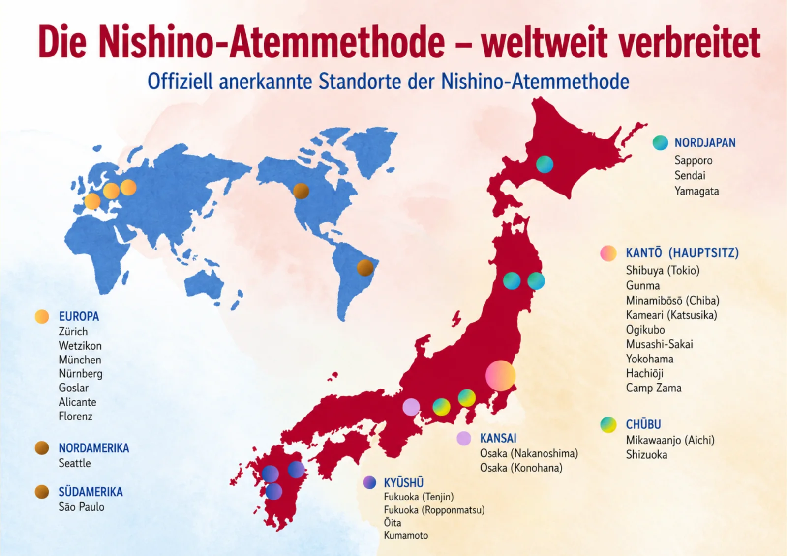 Die Nishino-Atemmethode – weltweit verbreitet (Karte mit zertifizierten Kursen)